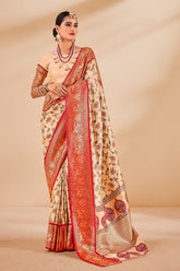 South Indian Red & Cream Contrast Pure Dharmavaram Silk Designer Saree